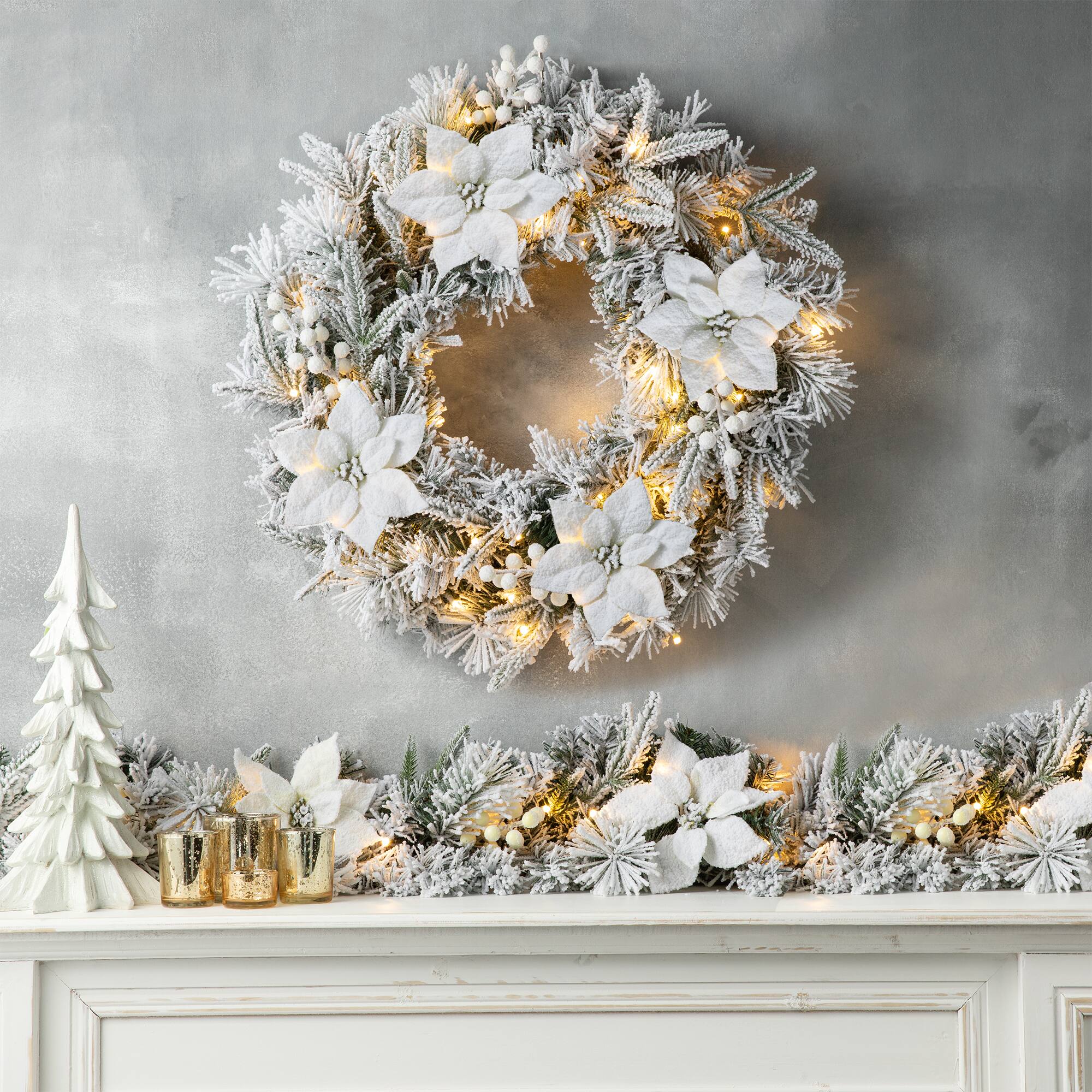 Glitzhome® 24" Pre-Lit Snow Flocked Greenery Pine Poinsettia Christmas Wreath